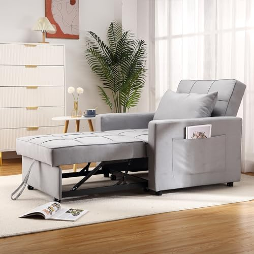 Litake 3-In-1 Klappsofa Schlafsessel mit Bettfunktion,Leinenstoff Schlafsofa Klein Schlafsessel mit Seitentasche und Regulierbarer Rückenlehne für Gästebett Platzsparend Schlafcouch