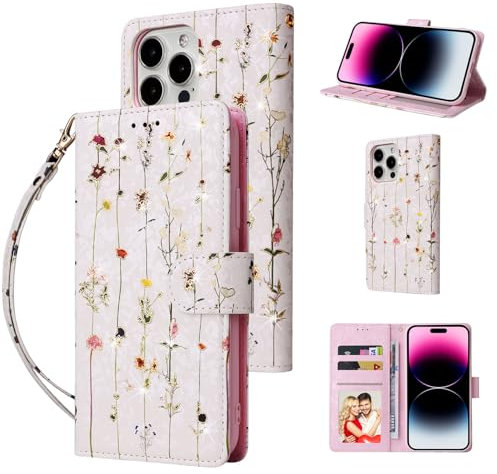 UEEBAI Wallet Case for iPhone 15 Pro, PU Leather Phone Case Kickstand RFID Blocking Flip Case Card Slots Wrist Strap Relief Engraved Pattern Magnetic Closure Folio Case - Vine