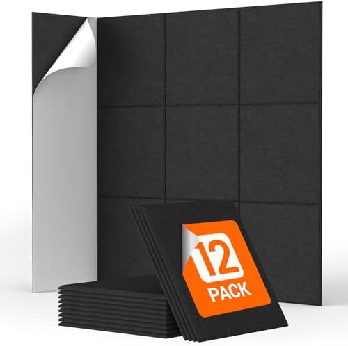 12 Pack Sound Proofing Panels Self-adhesive, TONOR 30x30x0,9cm Square Acoustic Absorbing Panels for Wall, High Density Insulation Soundproofing Panels for Podcast Studio, Living Room, Offices, Black
