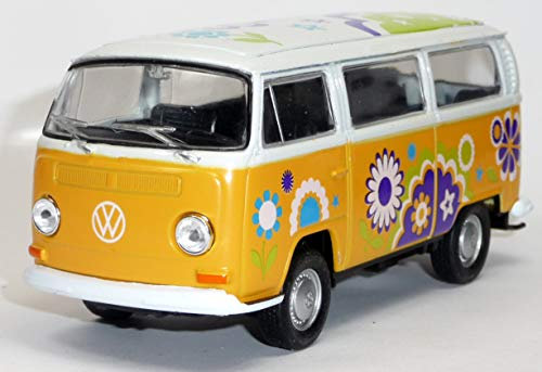 Generisch Modellauto VW Bulli T2 Hippie Bus ca. 12 cm Spritzguss, Maßstab 1:37, Pull-Back-Mechanismus, Erwachsene Sammler, Unisex, Gelb