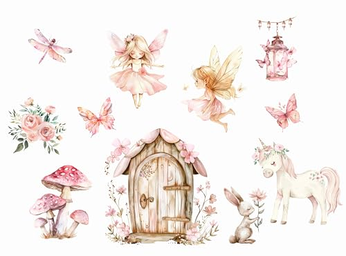 Wandtattoo Wandsticker Blume Fee Feen Blumen Schmetterling Elfen Rosa Wandtattoo Buntes Pflanze Selbstklebend Wandaufkleber Abnehmbar Wandkunst Aufkleber für Mädchen Kinder Kinderzimmer Schlafzimmer