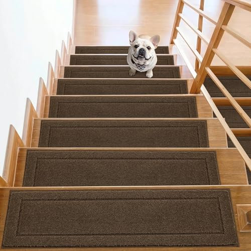 JSEI Non-Slip Stair Treads for Wooden Steps Indoor, 15 Pack 20.32x76.2 cm Edging Stair Rugs with TPE Backing, Carpet Stair Treads for Kids Elders & Pets, 100% Polyester Soft Stair Runners, Brown