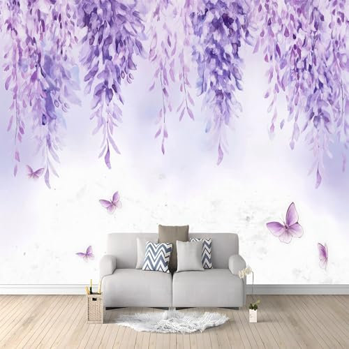 Carta da Parati Fiori Di Glicine Acquerellati Farfalla 200 x 140 cm Fotomurali Moda Decorazione da Muro Poster Carta da Parati Murale 3D per Soggiorno Ufficio Cameretta Bambini