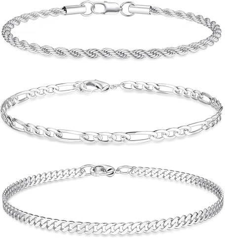 JeweBella 3 Pièces Bracelet Homme Acier Inoxydable Argent Or Bracelet Chaine Figaro Gourmette Corde Robuste Durable Bijoux Cadeaux Homme 19/21/23CM