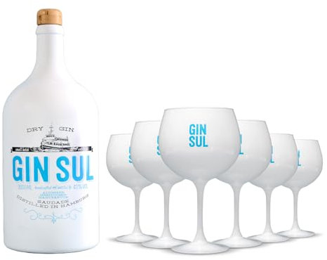 Gin Sul – 1 x 3l Doppelmagnum Hamburger handcrafted Premium Dry Gin 43% Vol. und 6er Set weisse Gin Tonic Gläser, spülmaschinenfest, 620 ml - Das perfekte Gin Geschenk