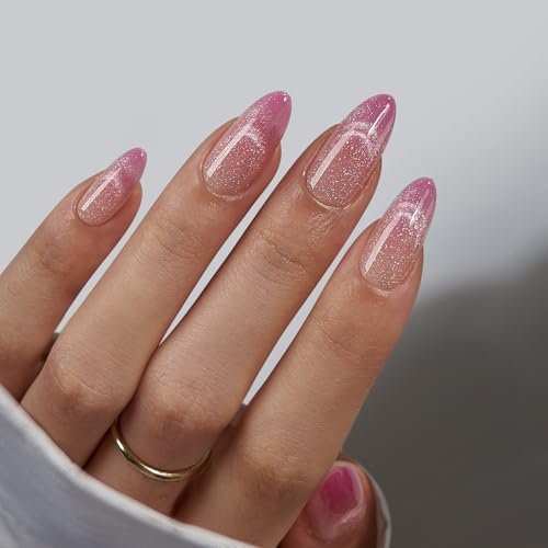 BTArtbox False Nails French Tip - Lamp-Curable Pink Cat Eye Press on Nails, Reusable Medium Almond Stick On Nails for Women in 16 Sizes, 32 Pcs Fake Nail with Glue Kit, Rosy Dew