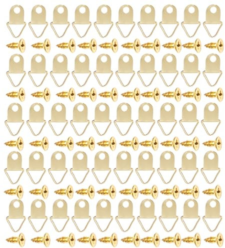 Picture Frame Hooks, 100 Pcs D Rings for Picture Hanging with 100 Screws, Golden Picture Hanging Hooks Suitable for Signs, Bulletin Boards, Canvas, Cross-Stitch, and Art Crafting
