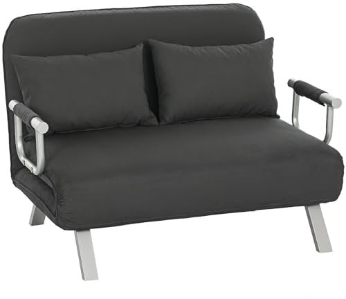HOMCOM 2 Seater Sofa Bed, Click Clack Convertible Bed Settee, Modern Velvet Feel Fabric Sofa with 2 Cushions for Living Room, Bedroom, Guest Room, Charcoal Grey