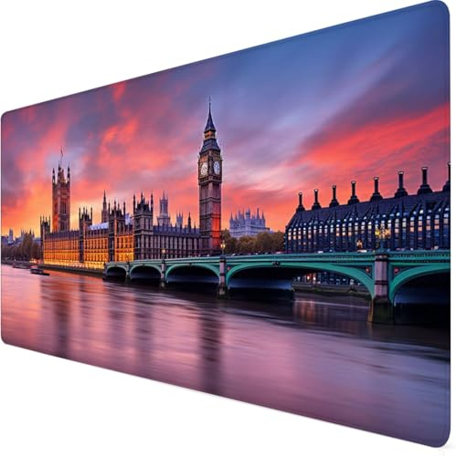 London Mauspad xxl 1000x500x3mm Mousepad Sonnenuntergang Gaming Mauspad mit Vernähte Kanten, Wasserdicht, Rutschfeste Gummibasis, Verbessert Präzision und Geschwindigkeit, Laptop Gaming Zubehör Y7-826