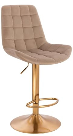 NORDFORM DESIGN Barhocker Velours Voss Beige 360° Drehbar Höhenverstellbar Mit Samt Lehne Stahl Gestell - Rund Gold Belastbar Bis 125 Kg
