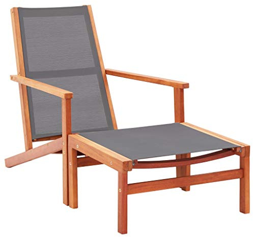 Frdhee Hochlehner Gartenstuhl, Gartenstuhl mit Fußablage Grau Eukalyptus Massivholz Textilene Gartengarnitur Set für Garten, Wohnzimmer, Hof, Terrasse und Balkon