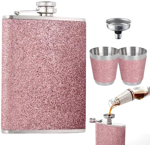 XIAOGUA Petacas De Alcohol Petaca Personalizada Rosas con Purpurina Para Licor para Mujer, 1 Embudo y 2 Copas de Vino e Acero Cuero Rosa, Botella Agua Acero Inoxidable Portátil, Pequeña
