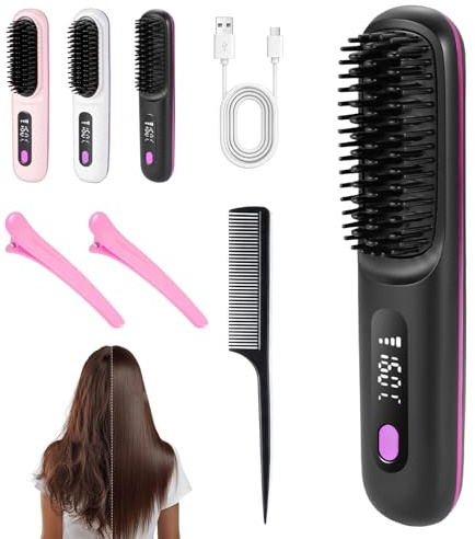 Glättbürste Kabellos Elektrisch, Tragbare Haarglätter Bürste Damen Stylingbürste für Kurze Langes Haare,mit Led Anzeige 3 Wärmestufen, Hair Straightener für Reisen Täglichen Gebrauch (Schwarz)