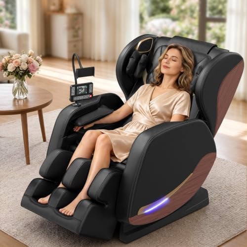 yewglen 2026 Massage Chair, Zero Gravity Full Body with 14 Fixed Rollers | Back, Waist & Foot Massage, 8 Airbags, Heating, Wood Grain Leather, Bluetooth & Control Screen, Office & Home Use