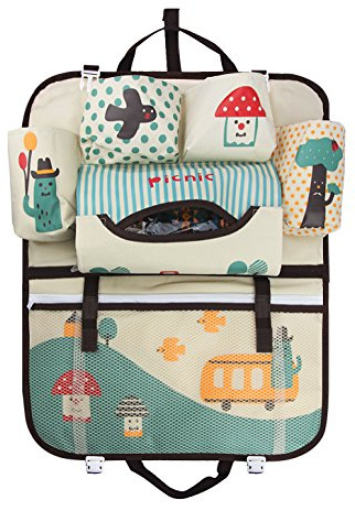 ITODA Rücksitztasche Autotasche Rückenlehnenschutz Aufbewahrungstasche mit 6 Fächern Rücksitz Tasche Autositz Utensilientasche für Kinder Rücksitzschoner Grün Hängende Rücklehnentasche mit Netztasche