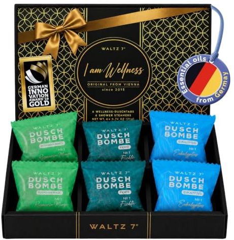 WALTZ 7 Duschbomben Energie Dusche, 6 Stück, 3 Düfte, Duschdampfer mit ätherischen Ölen, Geschenk für Männer, Papa, Freund, Vatertag, Geburtstag, Weihnachten, Home Spa Aromatherapie Dusche