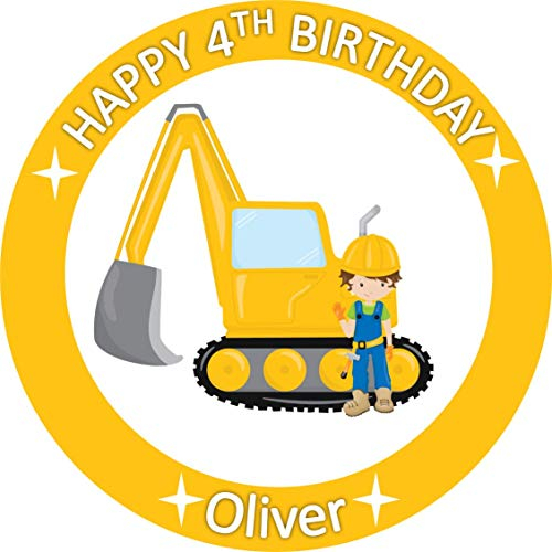 Construction Digger 7.5 inch ICING circle round edible cake topper personalised
