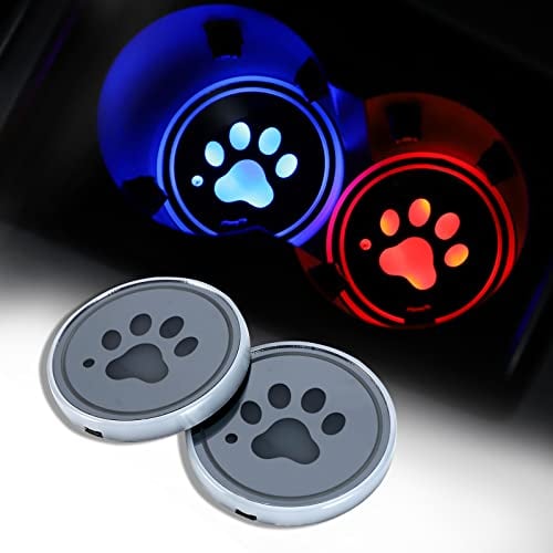 2 Pack LED Cup Holder Lights, Dog Paw Car Coaster with 7 Colors Changing USB Charging Mat, Luminescent Cup Pad Interior Atmosphere Lamp Decoration Light