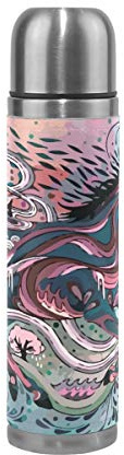 LDIYEU Kunst Pferd Aquarell Sport Wasserflasche Edelstahl Trinkflasche Thermoflasche Thermoskanne 500 ml Auslaufsichere Flasche Leder Verpackung Sportflasch