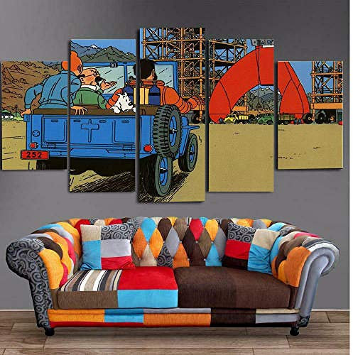 Leinwandbild 5 Teile Bilder Filmanimation Die Abenteuer von Tim und Struppi 5 teilige Wandbilder Wandbilder Kunstdruck 150X80cm Mit Rahmen Vlies Leinwanddrucke Leinwandbilder Cadeau d'Halloween
