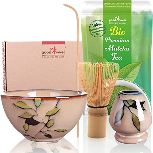 Goodwei BIO Matcha aus Japan im Matcha-Set komplett mit hochwertiger Matcha Schale aus Keramik, Matcha Besen und Besenhalter | Geschenkset für Teezeremonie (Bamboo)