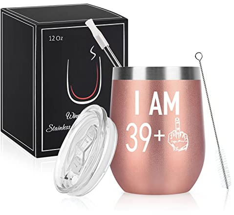 Livole 40 Geburtstag Frauen, 40 Geburtstagsgeschenke für Frauen, Geschenk 40 Geburtstag Frau, 12oz Doppekwandiger Edelstahl Weinbecher mit Deckel und Strohhalmpinsel, Vakuumisolierte Weinglas für Wein