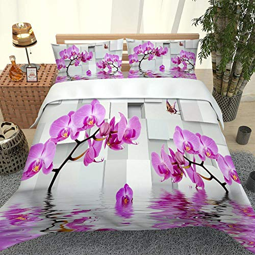 BEYHK Bettwäsche - Bettbezug Set, Lila Orchidee 3 Teilig Mikrofaser Weich Haltbar Atmungsaktive Drucken Einzelbett Bettbezug 135X200Cm + 2 Kissenbezug 80X80Cm Geschenk Für Kinder