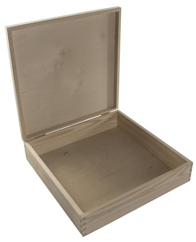 WooDeeDoo Large Shallow Square Wooden Box with Hinged Lid - 32 x 32 x 8 cm – Unfinished Pine Storage for Keepsakes Memories Photos Crafts Flat Gifts Scrapbooking Personalised Projects