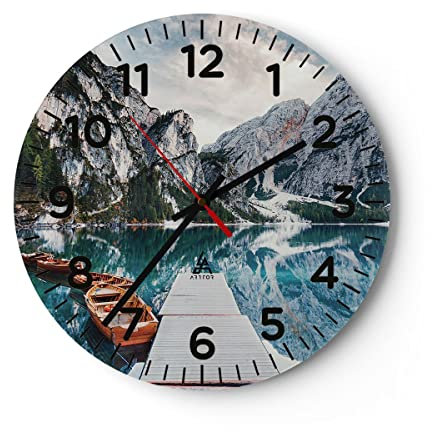 Modern Wanduhr Boote Berge Hafen 30x30cm Rund Klein Wand Uhr Glas Analog Zimmeruhren Küche Büro Wohnzimmer Glasuhr Wall Clock Dekoration Design Wanddekoration Küchenuhr C4AR30x30-5068