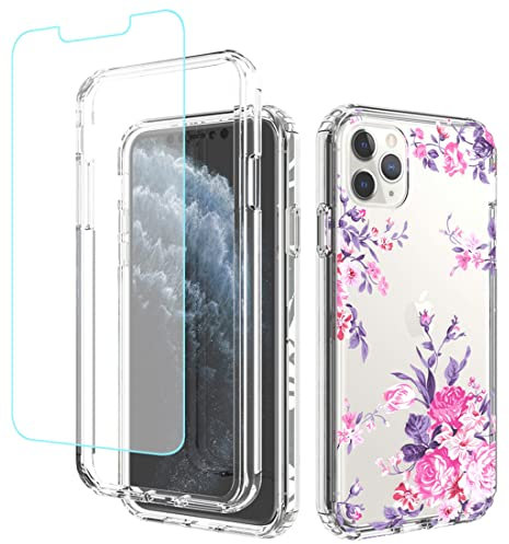 Sidande Case for iPhone 11 Pro Max Case with Tempered Glass Screen Protector, Full Body Clear Floral TPU Slim Phone Protective Armor Cover for Apple iPhone 11 Pro Max 6.5 (Rose Flower)