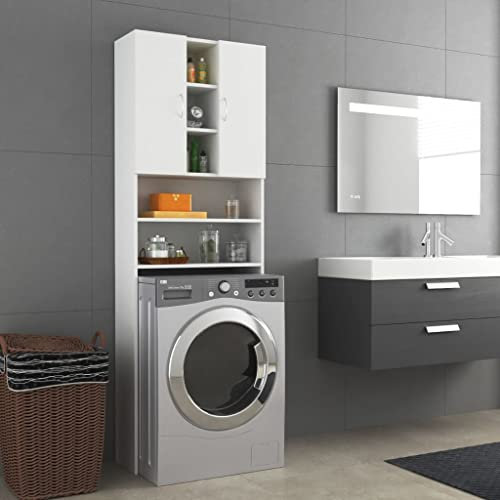 homiuse Waschmaschinenschrank Weiß 64x25,5x190 cm Waschmaschinenüberbauschrank Badschrank Waschküche Möbel mit 2 Türen / 9 Fächern Platzsparendes Modisches Design Robust & Langlebig