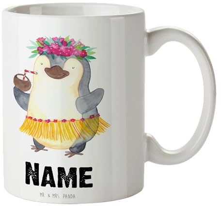 Mr. & Mrs. Panda Personalisierte Tasse Pinguin Kokosnuss - Personalisierte Geschenke, Urlaub, Tasse mit Namen, entspannt, Namenstasse, Hawaii,