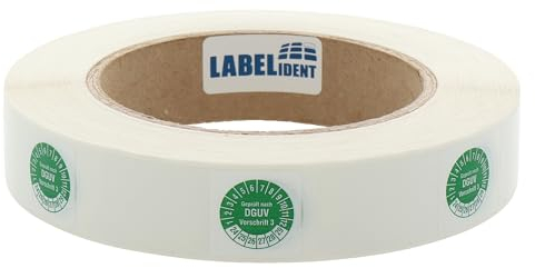 Labelident Kabelprüfplaketten 20 x 50 mm für Kabel-Ø 6,0 bis 12,0 mm - Geprüft nach DGUV Vorschrift 3-1.000 Prüfplaketten auf Rolle 2024-2029, Vinyl grün-weiß