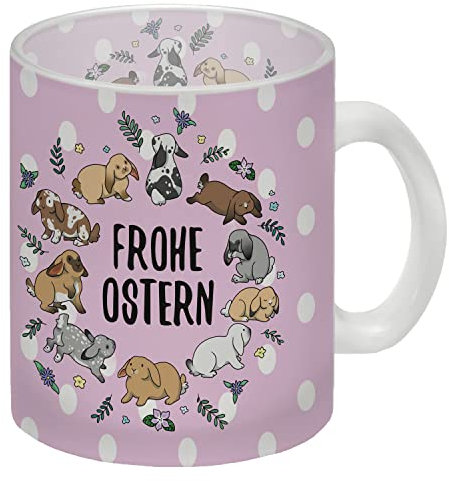 Frohe Ostern Glas Tasse Ostereier rosa mit Hasenkranz Motiv