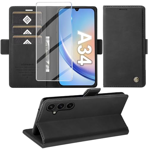 Giyer Handyhülle für Samsung Galaxy A34 5G Hülle mit Schutzfolie, Standfunktion Kartenfach Wallet Premium Leder Schutzhülle Samsung A34 5G Flip Case Cover Klapphülle Galaxy A34 6.6 Zoll (Schwarz)