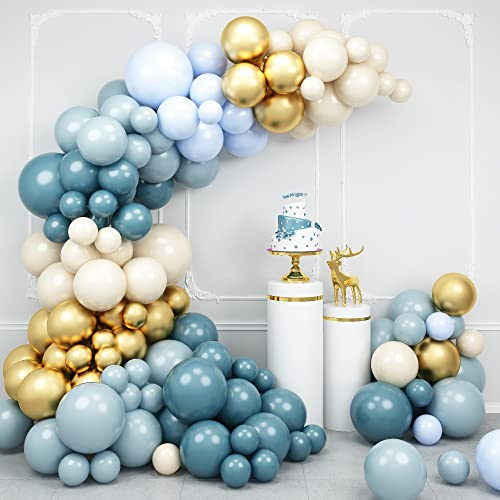 Luftballon Girlande Blau Weiss, Pastell Blau Türkis Beige Ballon Girlande mit Metallic Gold Partyballons, Ballonbogen Turquoise Creme Sandweiß Latex Luftballons für Babyparty Hochzeit Geburtstag Deko