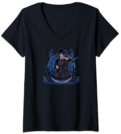 Damen Wednesday Playing The Cello Distressed Cartoon Portrait T-Shirt mit V-Ausschnitt