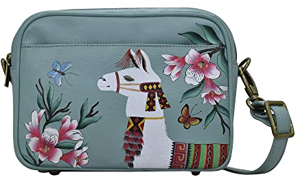 Anna by Anuschka Damen Women's Hand-Painted Leather Twin Zippered Crossbody Umhängetasche mit Zwei Reißverschlüssen, Llama Llama