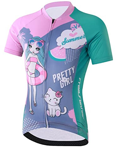 Amur Leopard Enfant Maillot de Cyclisme à Manches Courtes Cuissard avec 3D Coussin de Siège Vêtement de Cyclisme à Séchage Rapide pour Garçon Fille, Maillot Rose-Fille, XXL/10-11 Ans
