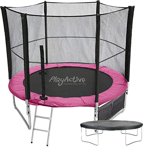 PlayActive 6ft / 8ft / 10ft / 12ft / 14ft / 16ft Kids Trampoline with Safety Enclosure Net, Ladder, Weatherproof Cover, Shoe Bag Included… (Pink, 6ft)