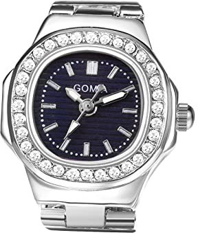 JewelryWe Ringuhr Fingeruhr Damen Uhren - Silber Quadrat Quarz Analoge Verstellbar Metall Ring Uhr Frauen Glitzer Strass Fingerringuhr Uhrenring mit Schwarz Rechteckigem Zifferblatt