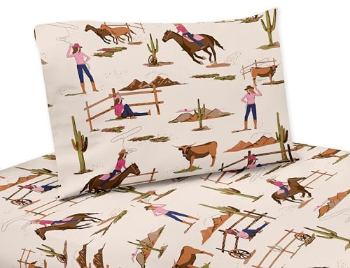 Sweet Jojo Designs Western Cowgirl Girl Queen Sheet Set Flat Fitted Bed Sheets Pillow Covers Kids Childrens Adult Bedding 4p Wild West Vintage Country Retro Animal Horse Southwest Brown Pink Blue Tan