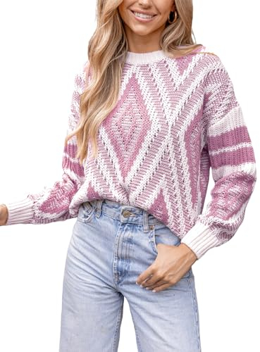 CUPSHE Damen Strickpullover Rundhals Langarm Geometrisches Muster Grobstrick Pulli Oberteile Tops Casual Knit Sweater Lila S