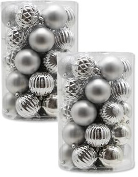 Kunststoff Weihnachtskugel Silber 2 Sets - 68 Stück Ø 8cm Deko Kugel Christbaumschmuck Mix Glitzer Matt Gemustert Glänzend