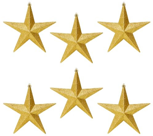 Shatterproof Christmas Stars 6 Pack 100mm Premier Christmas Tree Decoration, glitter Star Baubles (Gold 5993)
