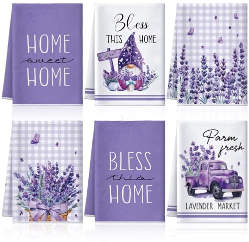 VitalCozy 6-teiliges Lavendel-Sommer-Küchenhandtuch-Set, lustige Hausfrau, Bauernhaus, rustikales Badetuch für Urlaub, Badezimmer, Geschenk, 61 x 40,6 cm (Lila, Lavendel)