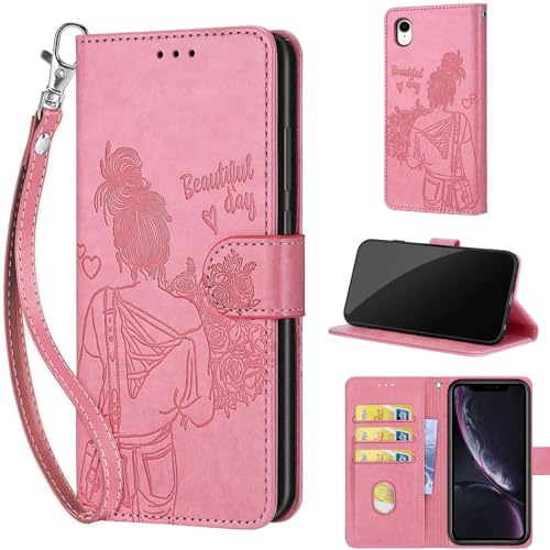 TOMYOU Wallet for iPhone XR Case, Pink Girl | Embossed PU Leather, Folio Flip Notebook Wallet, Magnet Closure, Kickstand, 3 Card Slots, Wrist Strap Lanyard