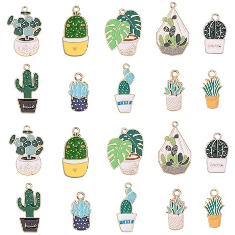 Stiesy 50 Stück 10 Stile Grüne Pflanzen-Emaille-Charms, Topfkultur-Charms, Sukkulenten, Kaktus, Aloe Vera Form, baumelnde Charms für Armband, Schmuckherstellung, Basteln