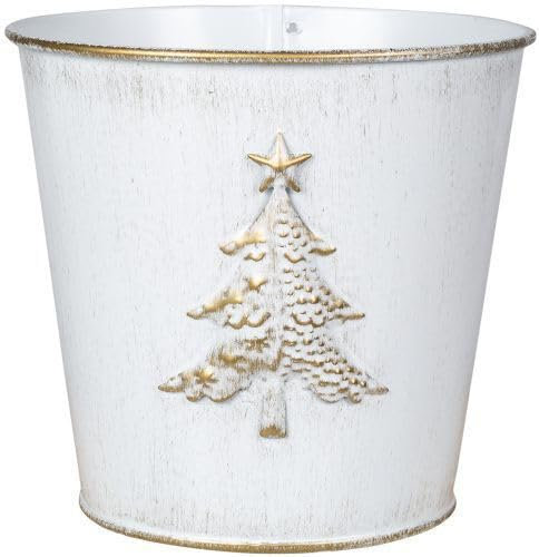 Fyne-Finds Metal Christmas Tree Embossed Plant Pot 15cm, 6inch Tin Pail Planter 1.5L Gold White Decor Xmas Gift (1)