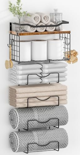 LIDTOP Porte-serviettes pour salle de bain, porte-serviettes mural, 4 niveaux enroulés ou pliés, avec étagères flottantes, porte-serviettes de bain pour bain, essuie-mains, métal robuste et bois, noir